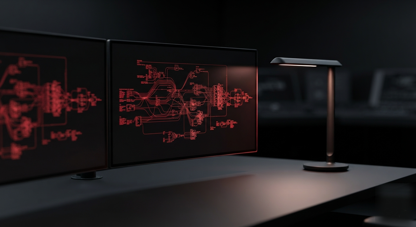 Dual monitors showing an abstract red flow-diagram UI on a dark control-room desk