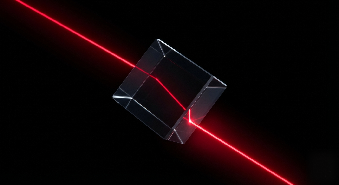 Light refracting through a dark glass prism into a single red beam against black