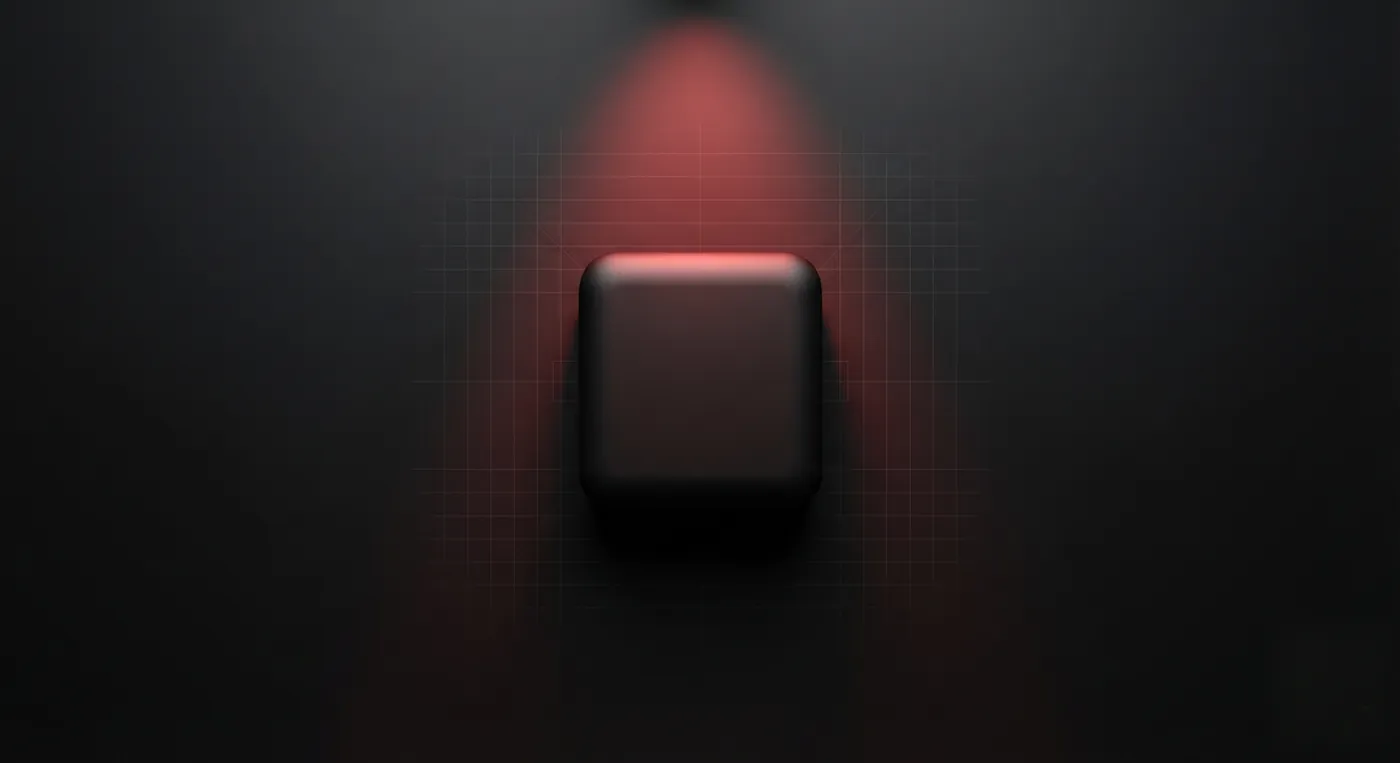 Overhead shot of a matte-black device prototype under a red spotlight on a minimalist work surface